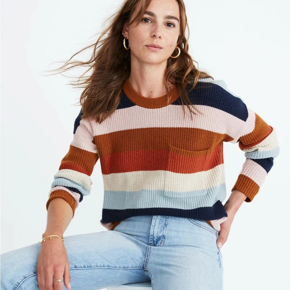 Madewell Sweaters - Madewell Thompson Pocket Pullover Sweater in Rainbow Stripe Size Small